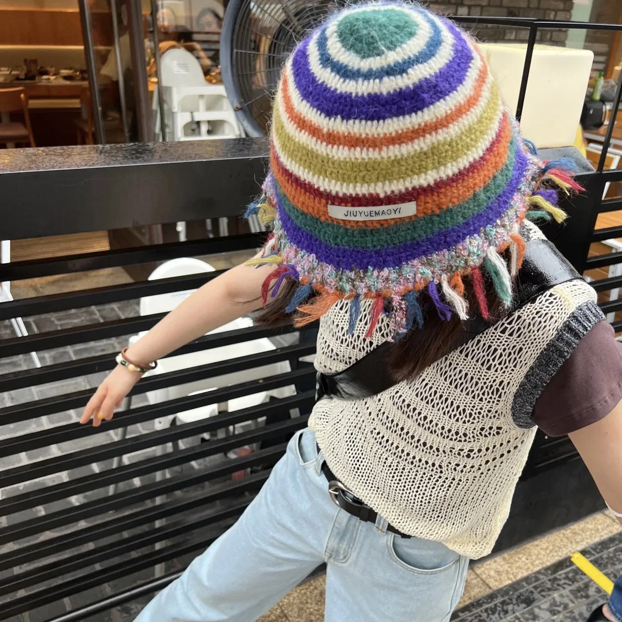 Title 7, Vintage Handmade Crochet Tassel Bucket Hat Colo...