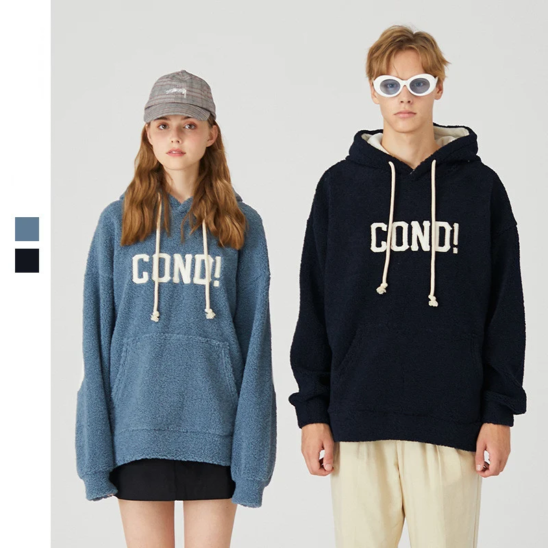 Felpa con cappuccio in lana d'agnello morbida per coppie coreane, vestibilità ampia, calda e confortevole, perfetta per l'inverno, stile casual. — foto 4