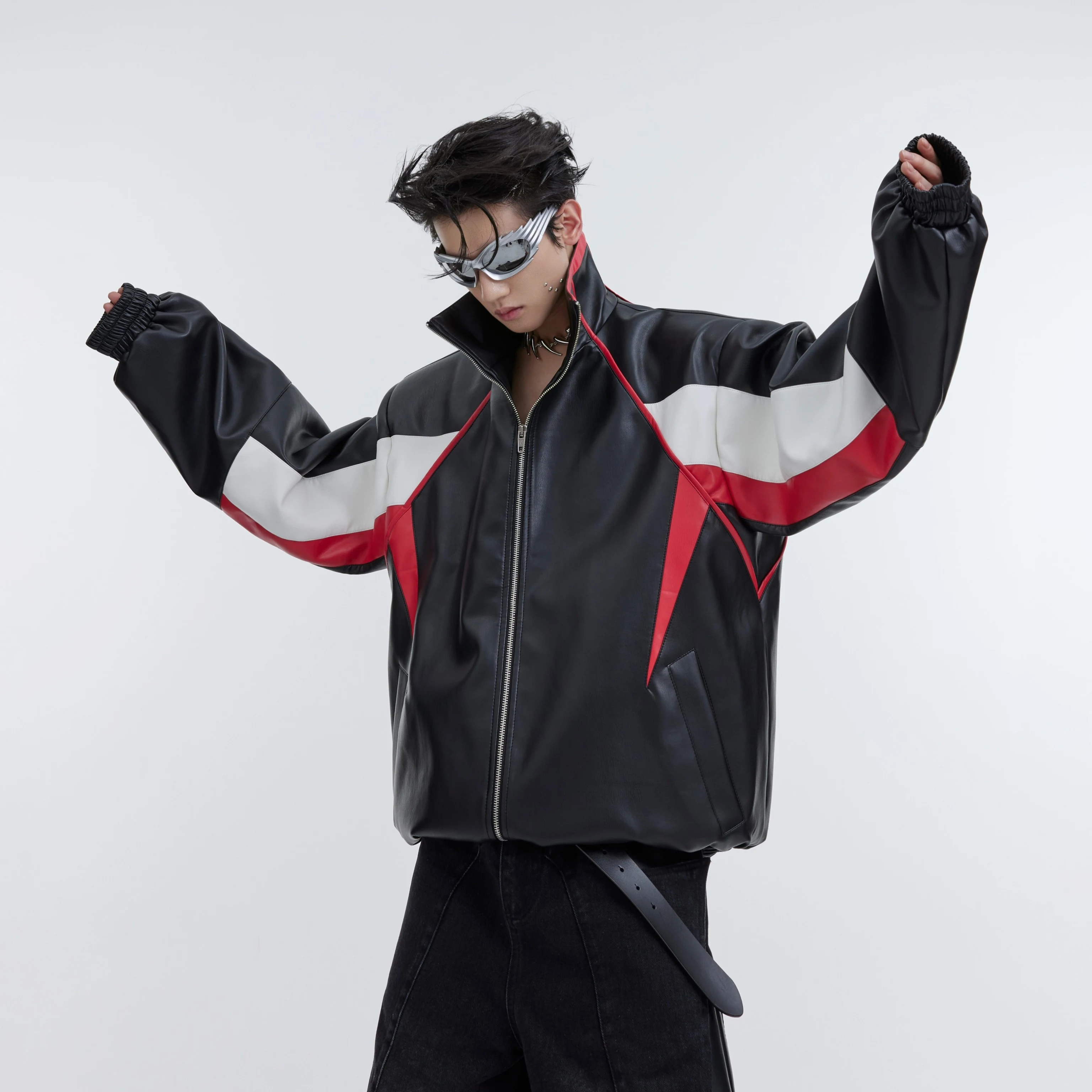 Retro Contrasting Color Patchwork Standing Collar PU Jacket for a bold and stylish look. Perfect for adding a unique tou — photo 1