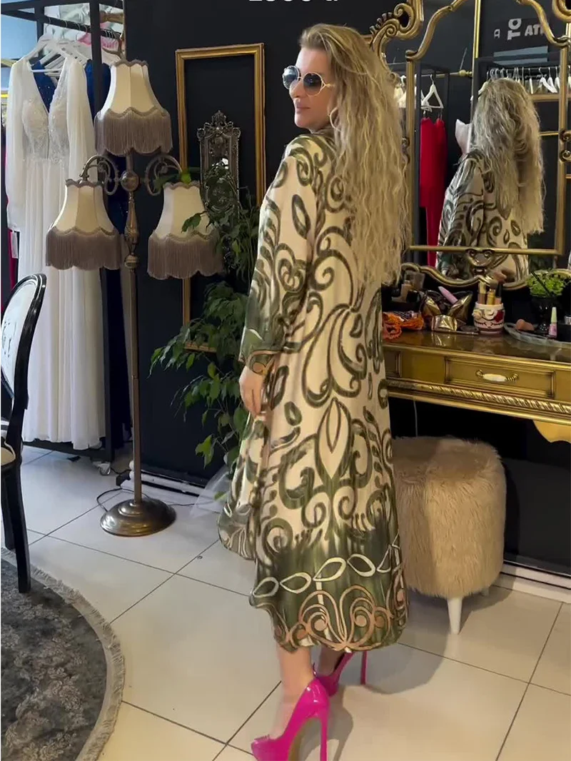 Title 7, Summer New U-neck Printed Long Sleeve Dress
