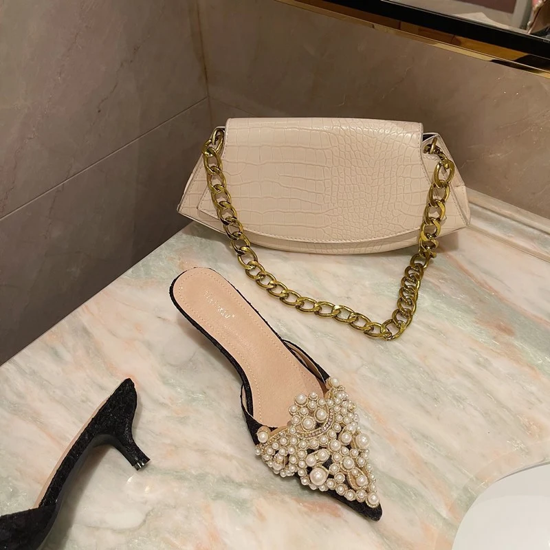 Title 4, Beaded pearl lace pointed toe stiletto heels fo...