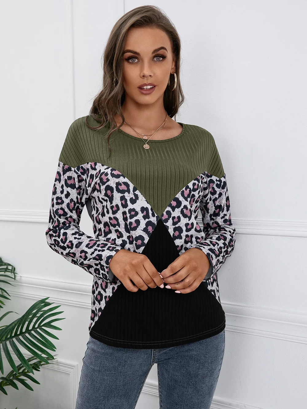 Title 7, Leopard Print Stitching Casual Loose Long Sleev...