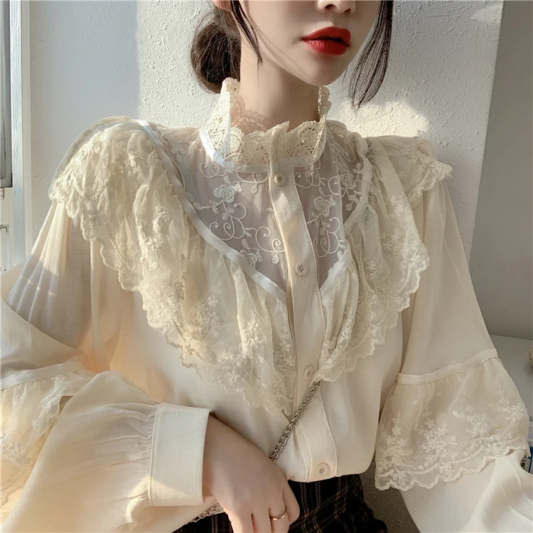 Title 16, French Vintage Lace Shirt Long Sleeve Half High...