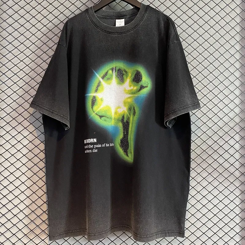T-shirt Hip Hop Stile Europeo Degradato Retro Scuro Lavaggio Distressed Manica Corta Larga Mezza Manica Look Urbano — foto 11