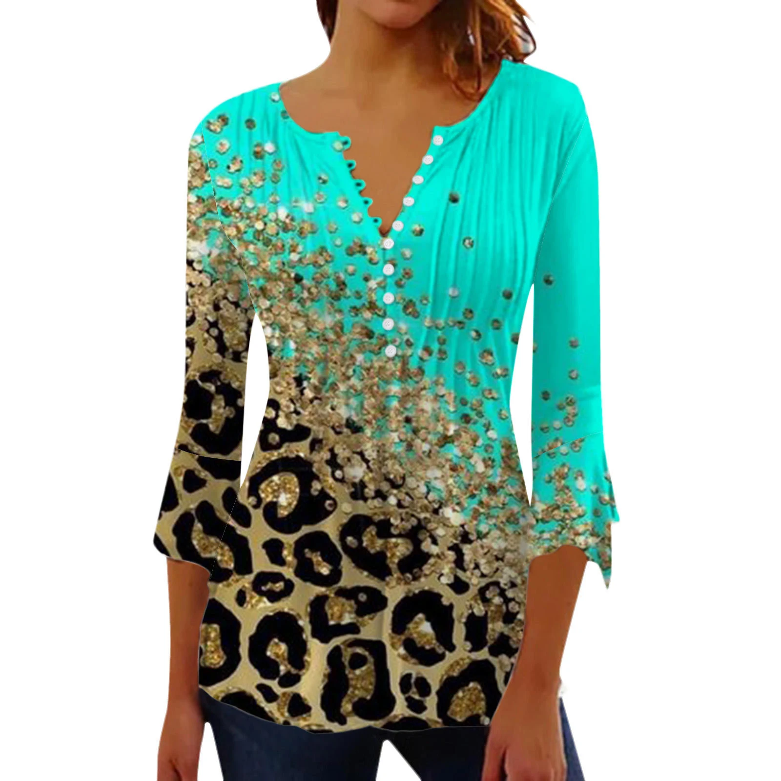 European And American V-neck 3D Printed Long-sleeved Shirt. Comfortable and stylish top, perfect for everyday wear or sp — photo 21