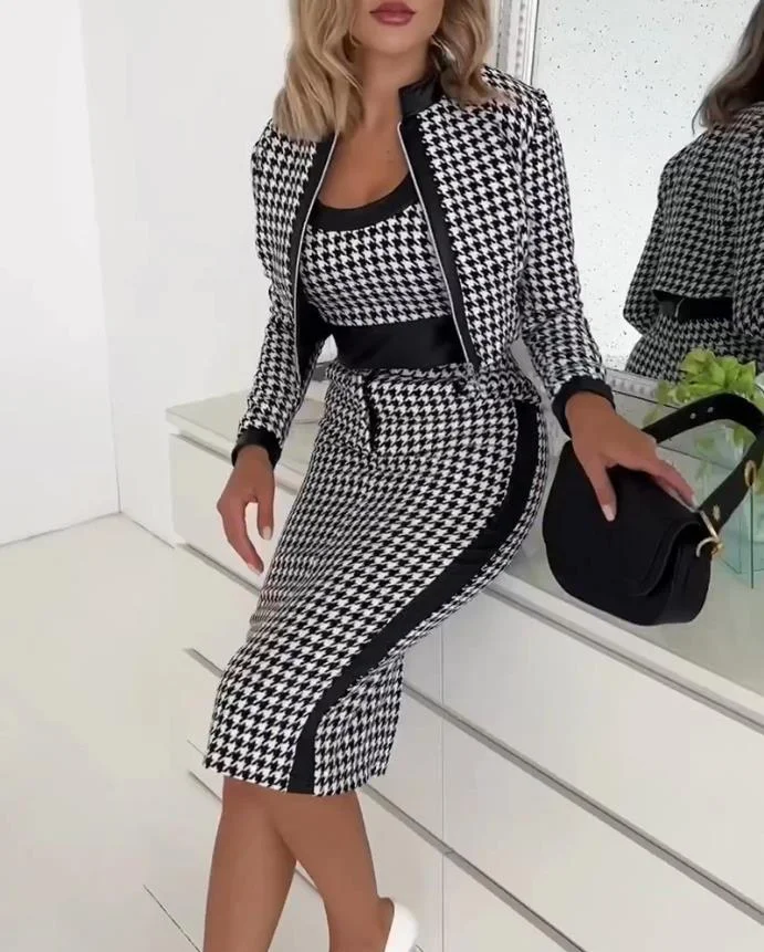 Title 6, Printed Long Sleeve Coat Vest Plus Skirt Three-...