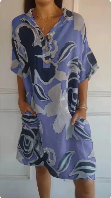 Damesmode katoen en linnen print jurk, ideaal voor de zomer. Lichtgewicht, ademend en comfortabel voor een casual en stijlvolle uitstraling. — foto 2