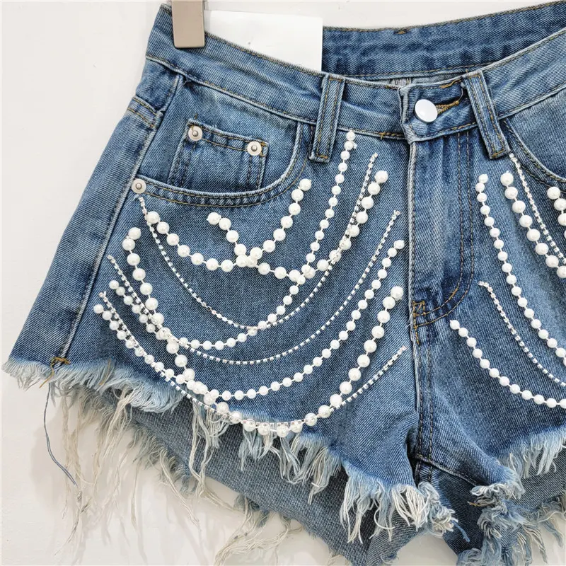 Dames denim shorts zomer hoge taille afslankend met strass steentjes en rafelrand. Zomerse look! — foto 5