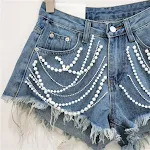 Dames denim shorts zomer hoge taille afslankend met strass steentjes en rafelrand. Zomerse look! — foto 5