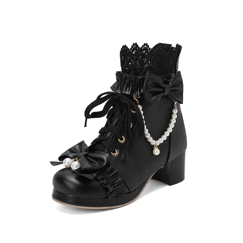 Botas femininas doces com laço e contas, para um visual elegante e charmoso, proporcionando conforto e estilo. Perfeitas para ocasiões especiais. — foto 3