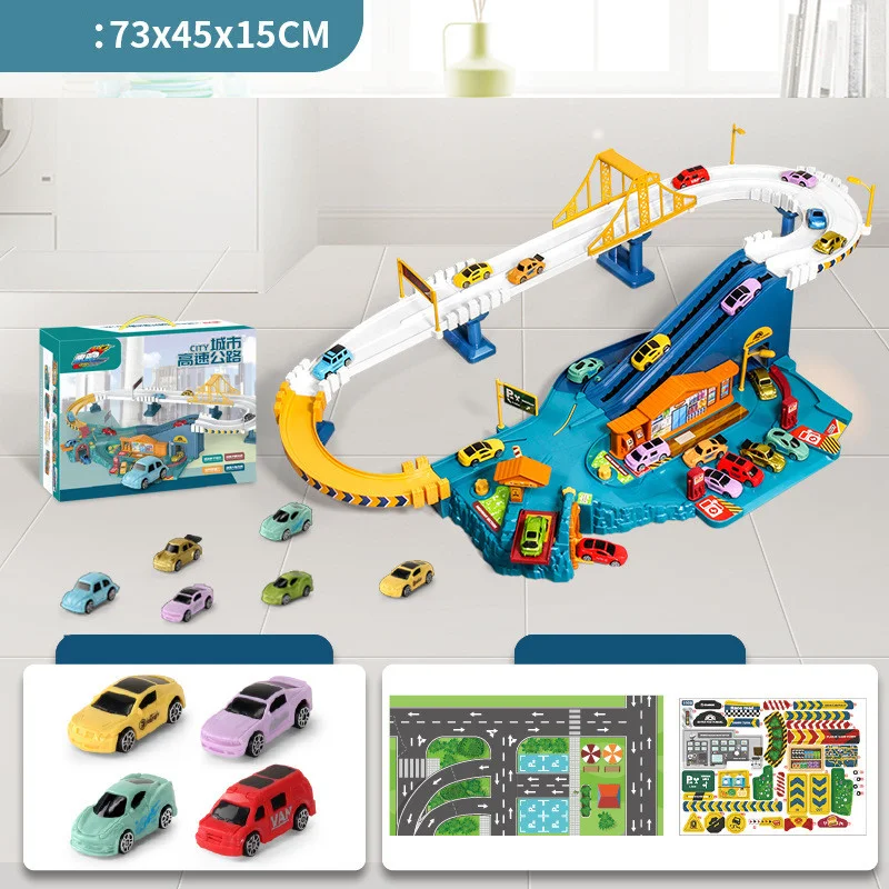 Estacionamento infantil de vários andares com elevador elétrico, pista e brinquedos educativos para construir e aprender brincando. — foto 2
