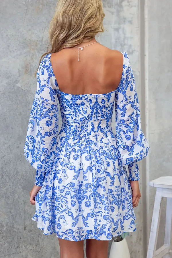 Title 3, Square Collar Printed Long Sleeve Mini Dress Women