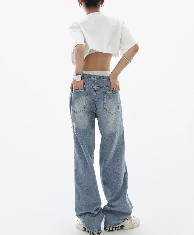 Jeans Rotos Mujer Cintura Alta Modernos Versátiles Ajustados Pierna Recta Ancha Adelgazantes. Estilo trendy, perfectos para cualquier look. — foto 4