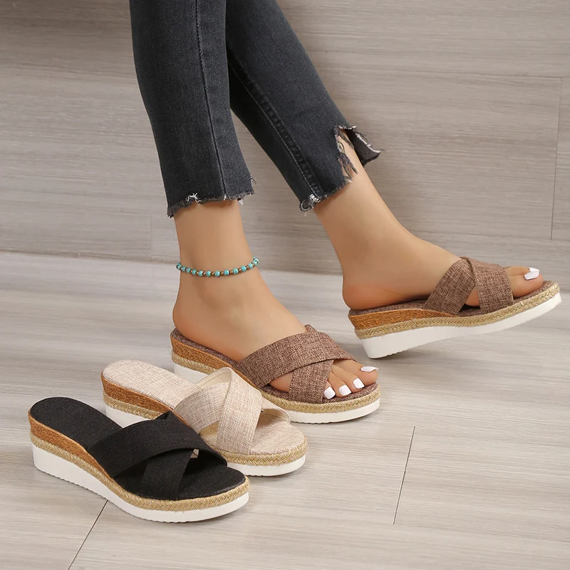 Title 3, Sandalias de cuña de cáñamo para mujer, platafo...