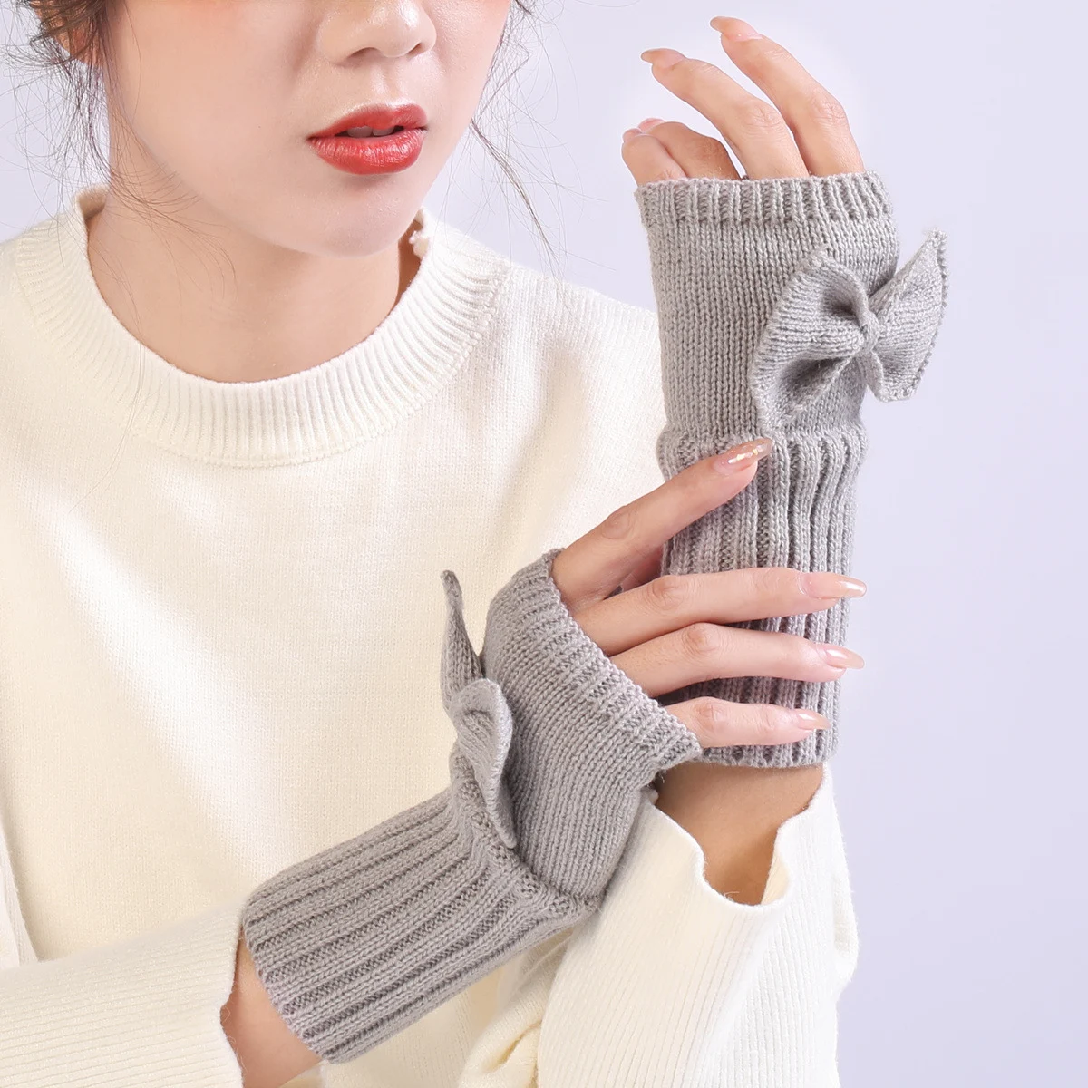 Title 2, Bow Knitted Wool Keep Warm Half Finger Fingerle...