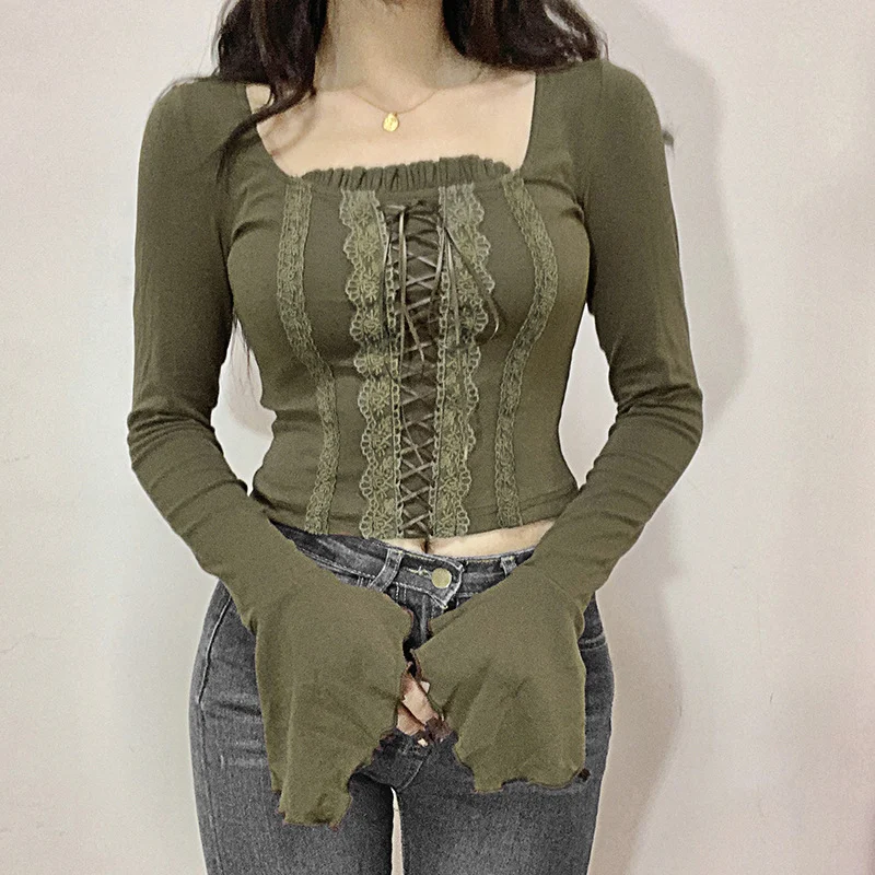 Vintage Lace Stitching Short Top featuring a Lace-up Waist, Square Collar, and Bell Sleeves. This versatile top is perfe — photo 25