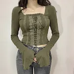 Vintage Lace Stitching Short Top featuring a Lace-up Waist, Square Collar, and Bell Sleeves. This versatile top is perfe — photo 25