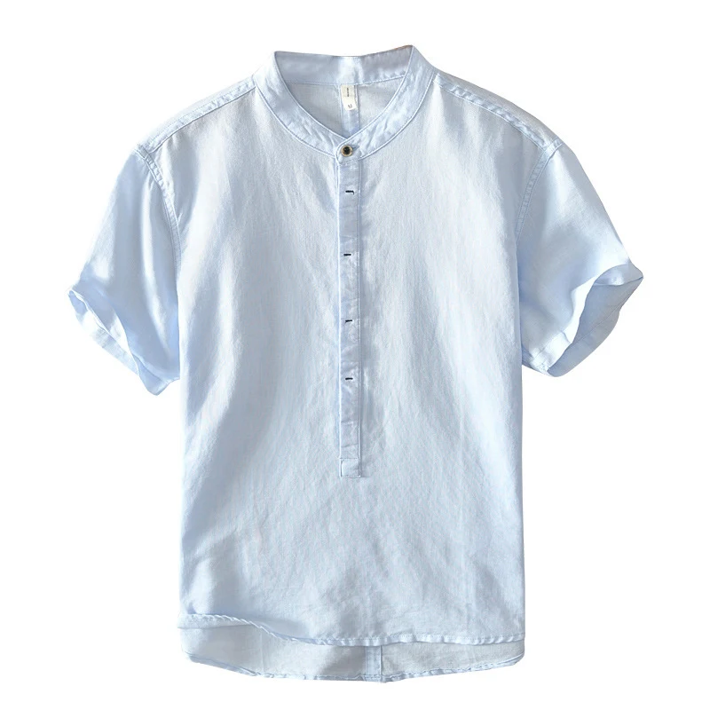 Camiseta Pulôver Gola Alta Manga Curta Masculina Algodão Linho Casual. Conforto e Estilo para o Verão, Leve e Respirável, Ideal para o Dia a Dia. — foto 4
