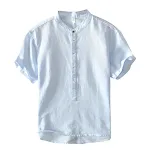 Camiseta Pulôver Gola Alta Manga Curta Masculina Algodão Linho Casual. Conforto e Estilo para o Verão, Leve e Respirável, Ideal para o Dia a Dia. — foto 4