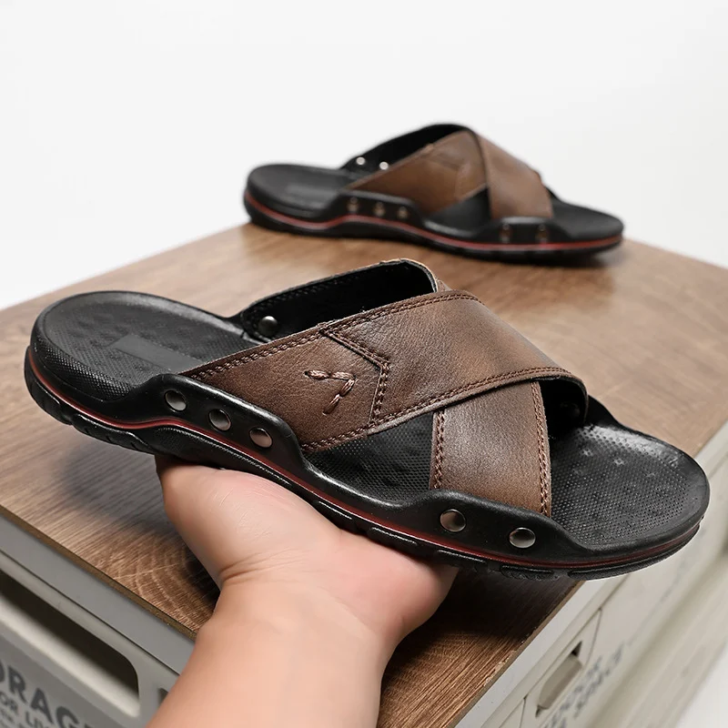 Title 5, Mens Outdoor Shoes One-Word Slippers Cowhide C...