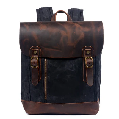 Retro olie gewaxte canvas rugzak, Crazy Horse leer, gesp, waterdicht. Robuuste herenrugzak voor dagelijks gebruik en avontuur. — foto 3