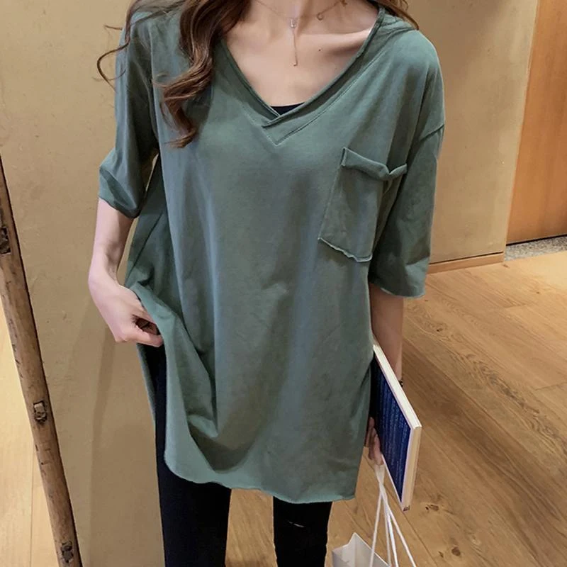 Summer V-neck Short Sleeve T-shirt Women's Loose Large Medium Length Shirt — photo 1