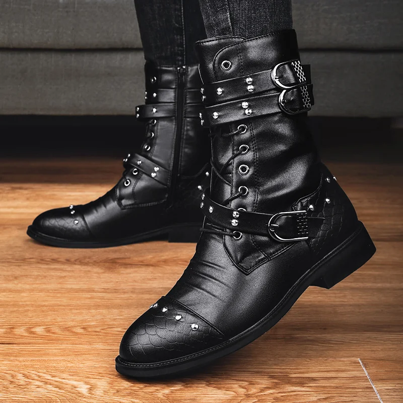 Title 26, Middle Tube Leather Boots Ceremonial Motorcycle...