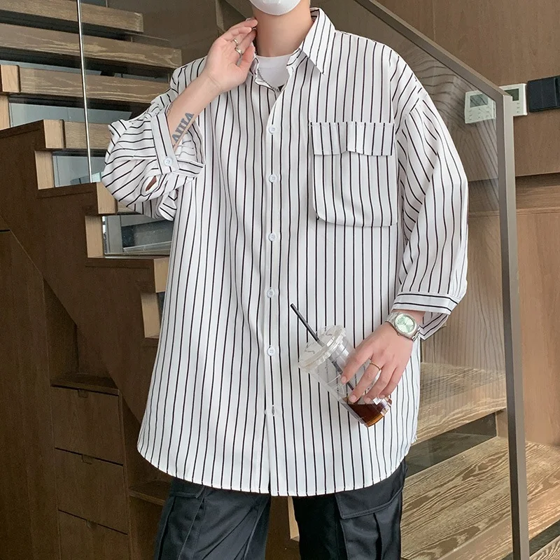 Striped Overalls Short Sleeve Shirt Men's Loose Shirt for a comfortable and casual look. Ideal for warm weather and ever — photo 3