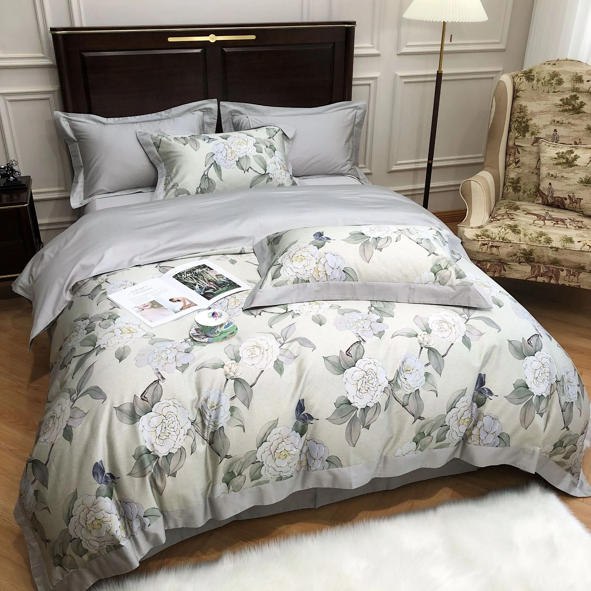 Jogo de cama europeu de algodão com impressão digital, 4 peças, sedoso e delicado, para noites de sono tranquilas e elegantes. — foto 5