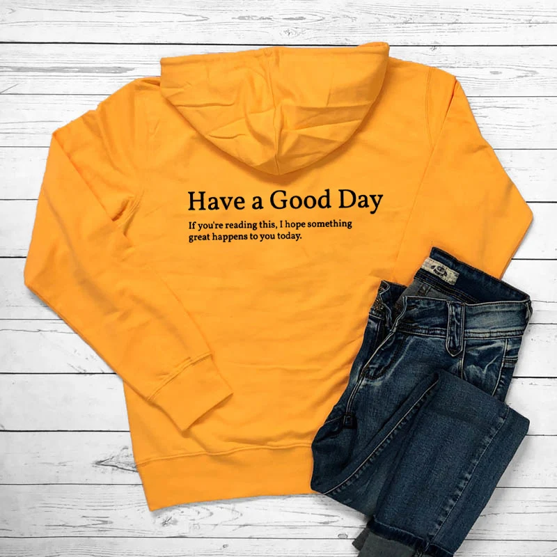 Maglione minimalista con tasca con cappuccio casual stampato "Buona giornata". — foto 2