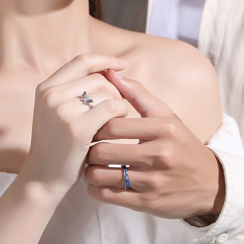 Anel para casais Starry Butterfly Lovers, prata pura, pequeno e popular, perfeito para celebrar o amor e união. — foto 1