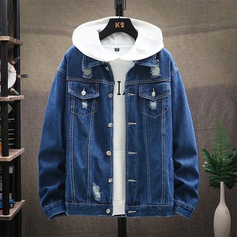Jaqueta Jeans Masculina Simples Clássica Rasgada, perfeita para um visual casual e moderno com conforto e estilo atemporal. — foto 3