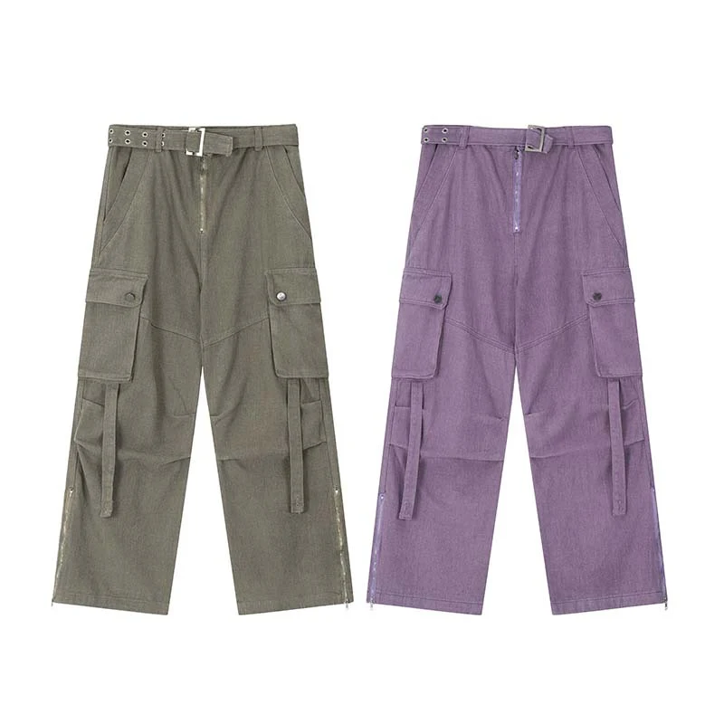 Jeans cargo de diseño de moda morado para hombre, estilo hip-hop streetwear con múltiples bolsillos. Perfectos para un look urbano y funcional. — foto 1