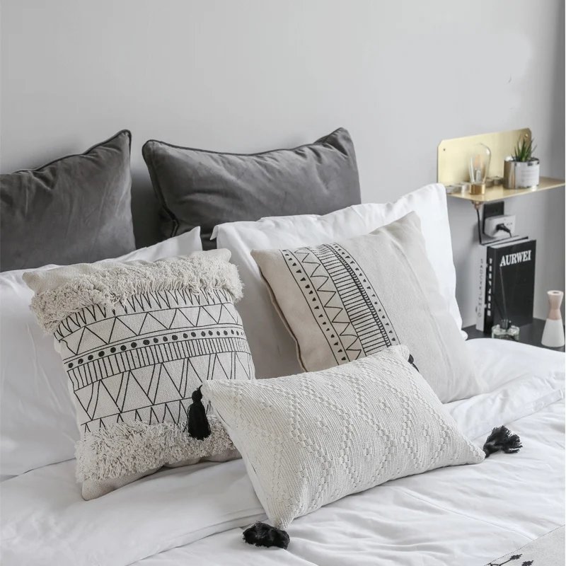Title 4, Geometric black and white tufted tassel pillow,...