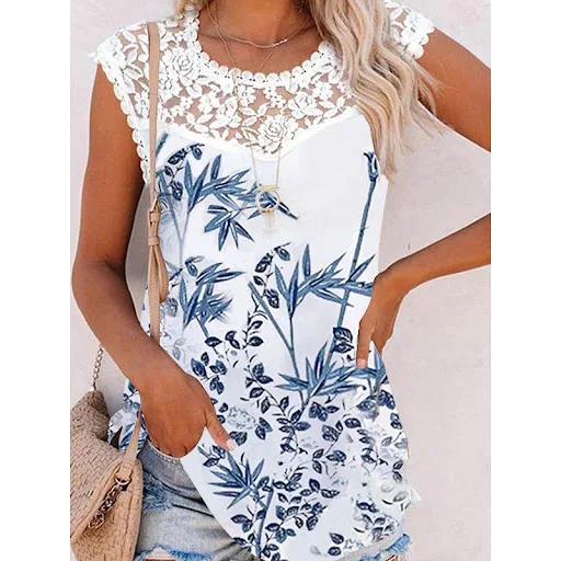 Title 15, Summer Print Crew Neck Lace Trim Casual Loose W...