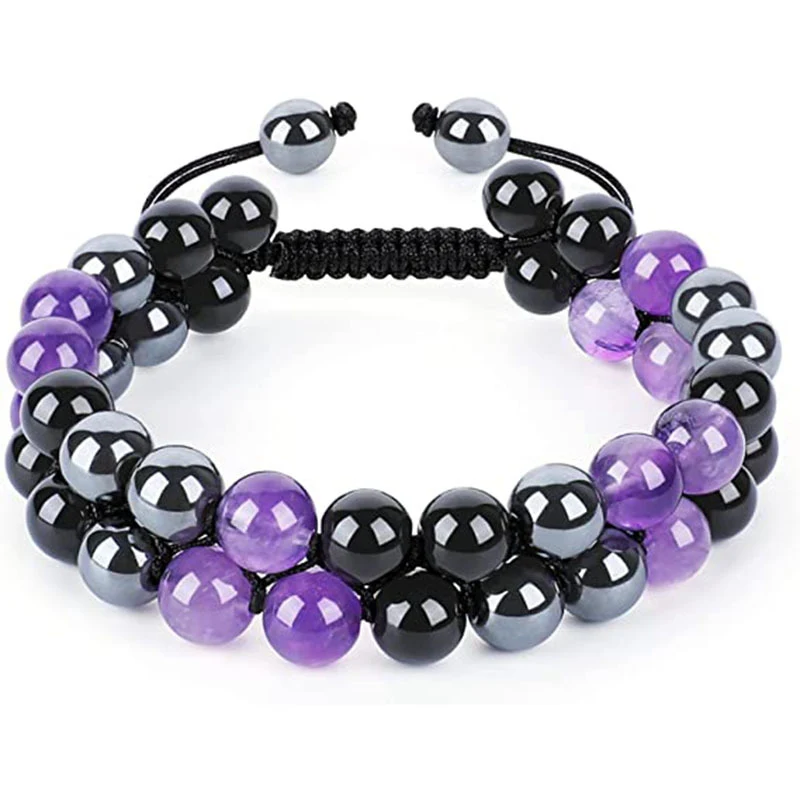 Title 4, Pulseira dupla de ametista natural 8MM, ajustáv...