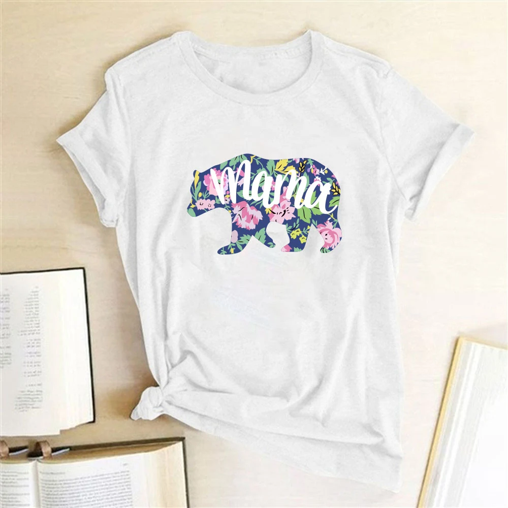 Mama Mama T-Shirt mit Bären-Buchstabendruck, Leopardenmuster, großer und kleiner Bär, Tiermuster, kurze Ärmel — foto 1