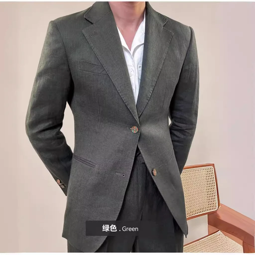 Terno masculino Primavera de linho puro Cor sólida Conforto e elegância para o homem moderno Ideal para climas quentes e eventos casuais ou formais — foto 4
