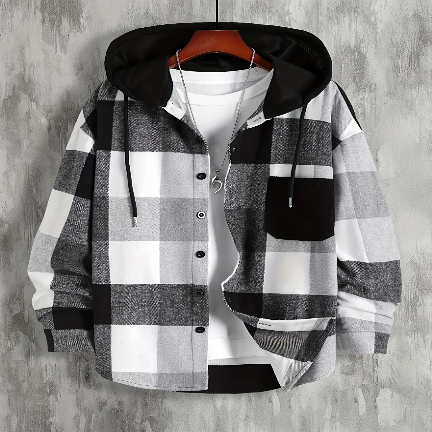 Men's Thickened Outerwear Plaid Hooded Pocket Long Sleeve Shirt. Stay warm and stylish with this comfortable winter esse — photo 1