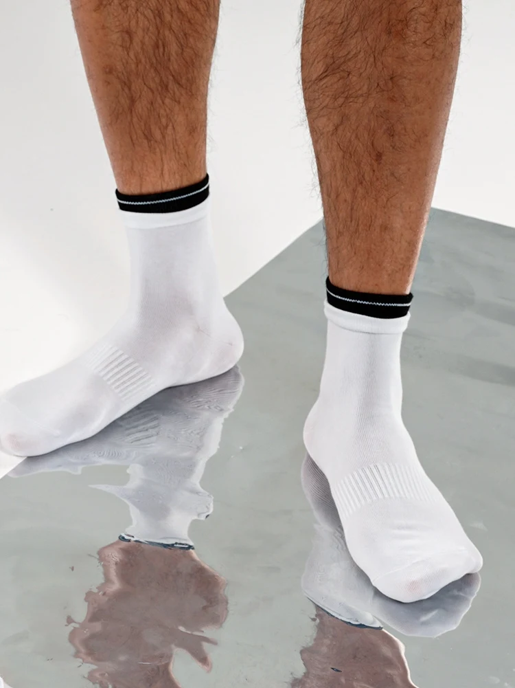 Luokou Flat Cotton Low Socks with Double Blue Striped White Design for Everyday Wear. Comfortable, breathable and stylis — photo 1
