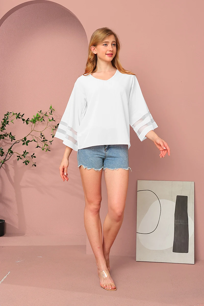 Dames losse V-hals mesh steken top, perfect voor een casual en comfortabele look. Ademend en stijlvol, ideaal voor warme dagen en dagelijks gebruik. — foto 9