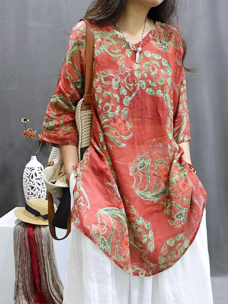 Title 12, Vintage Floral Print Mid-length Sleeves V-neck ...