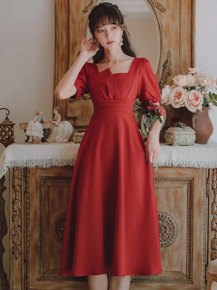Vestido vermelho francês de verão feminino, "Salty or Sweet", adaptável a diversos estilos, perfeito para dias ensolarados, leve e charmoso. — foto 3