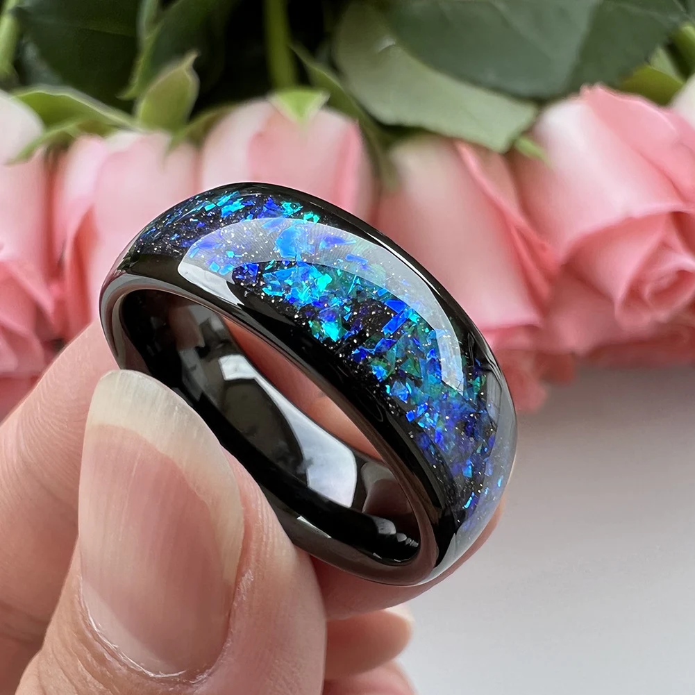 Anel de tungstênio ornamental 8mm com pedras azuis e verdes. Design elegante e durável. Ideal para homens que buscam sofisticação. — foto 1