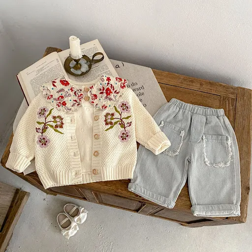 Title 15, Cardigan brodé de grandes fleurs pour bébé fill...