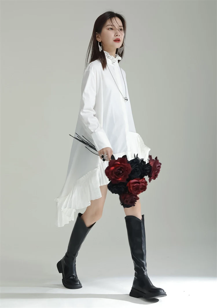 Title 3, Long Sleeve Stand Collar Hem Pleated Irregular ...