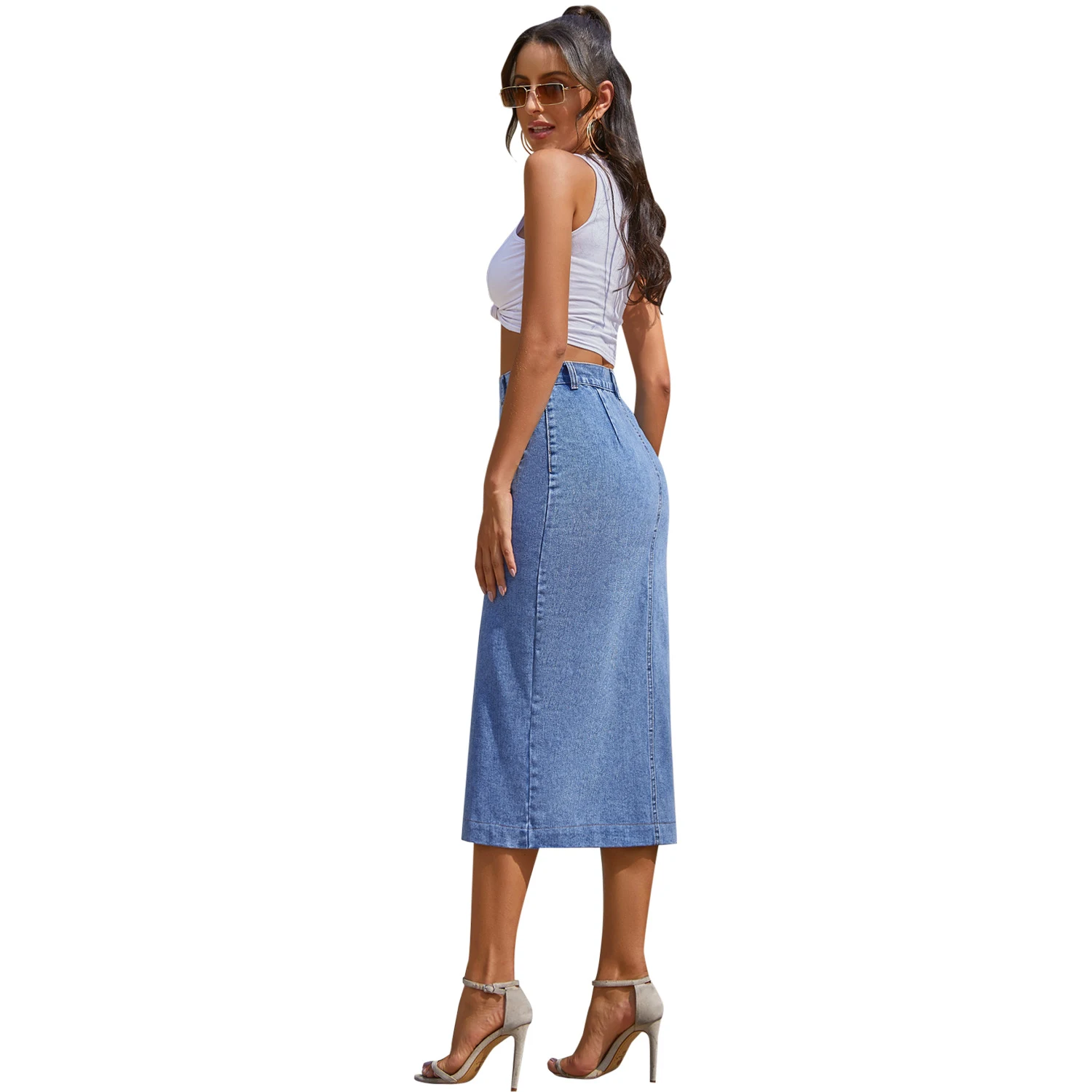 Gonna donna in denim a vita alta con bottoni e spacco irregolare, un capo versatile per un look sempre alla moda. — foto 4