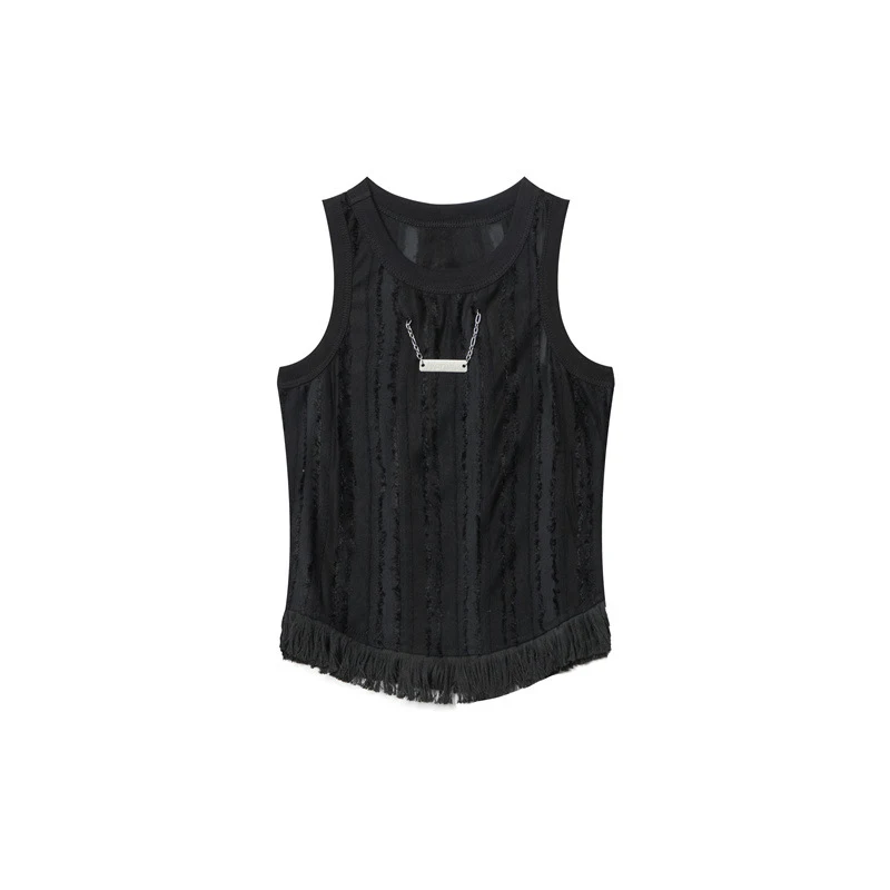 Color Matching Vertical Wide Striped Fringed Hem Round Neck Sleeveless Women's Casual Vest — photo 4