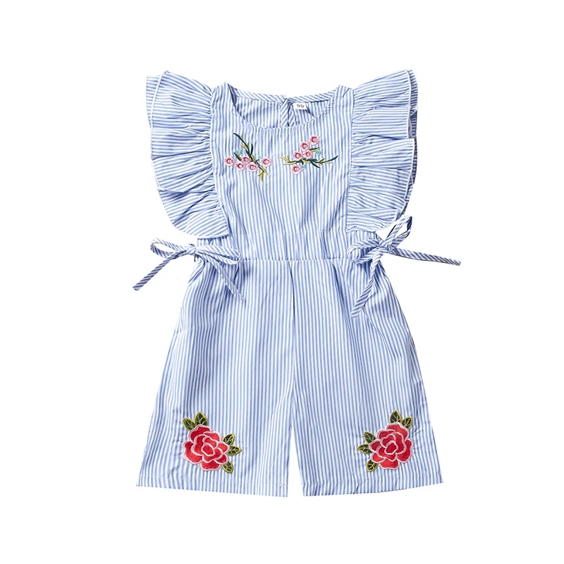 Süßer gestreifter Blumen-Stickerei-Kurz-Romper, Sommer-Overall für Mädchen, bezauberndes Design, bequemer Spielanzug. Ideal für Abenteuer. — foto 2