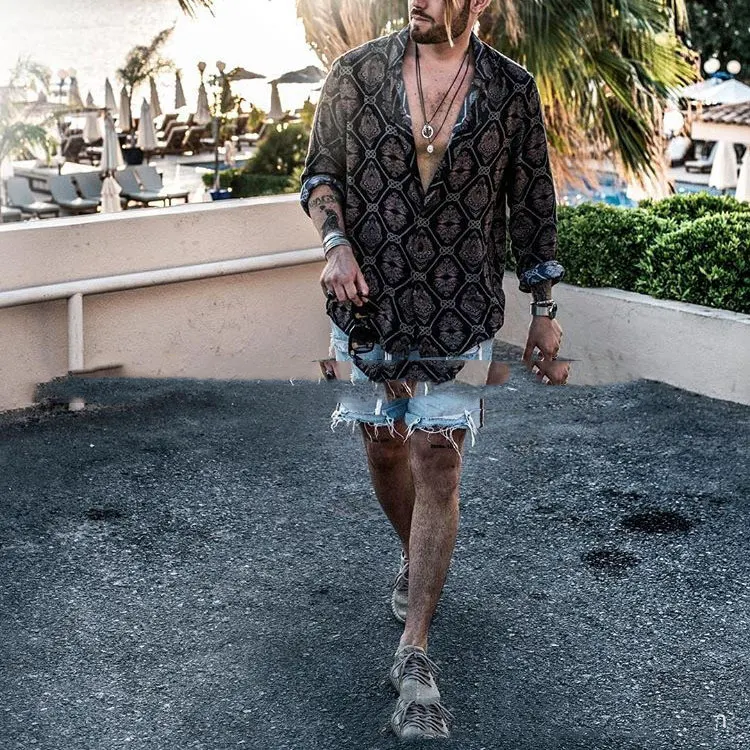 Title 1, Mens Leopard Print Chain Print Beach Shirt, Al...
